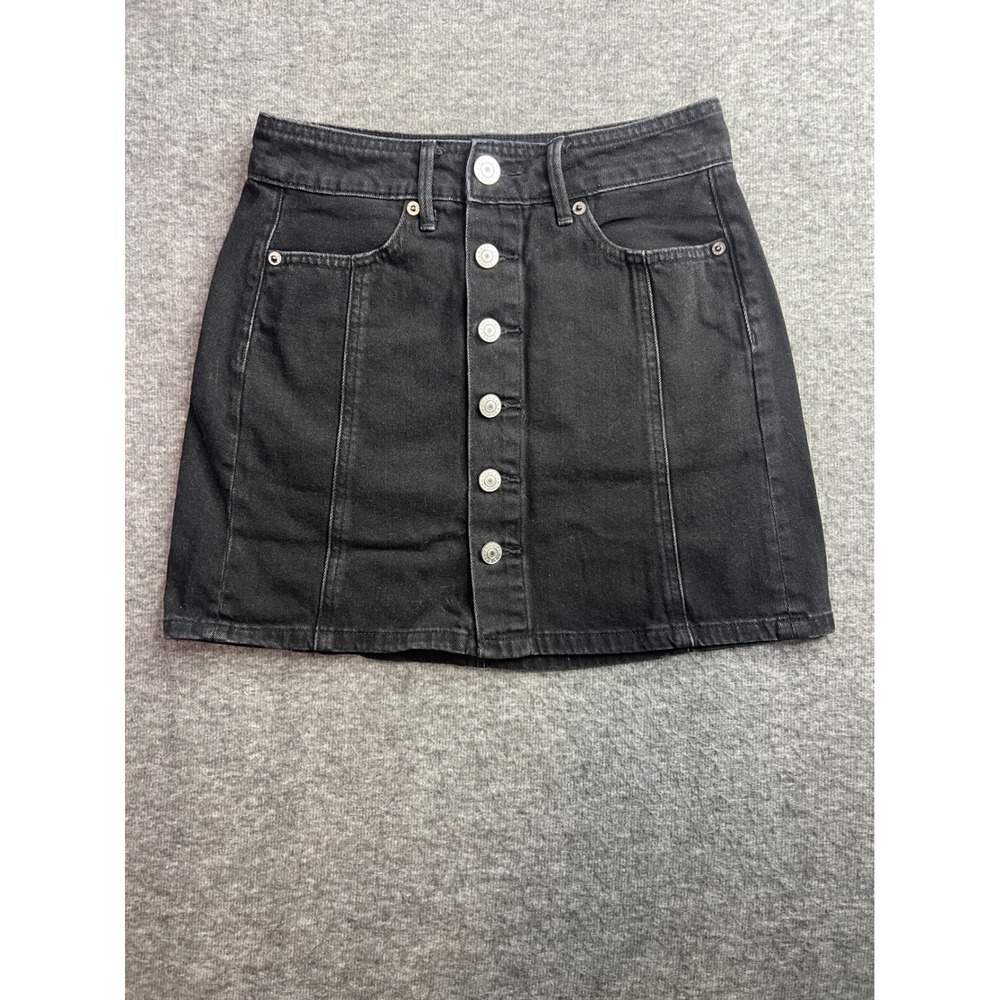 American Eagle HI Rise A Line Black Denim Button Front Mini Skirt Size 00
